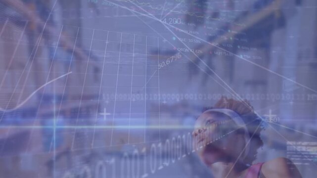 Animation of network of connections and data processing over fit woman exercising in gym
