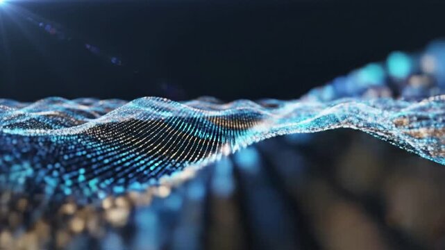 Abstract digital wave pattern with blue glowing dots on dark background.