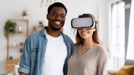 Digital world, newest technologies for entertainment concept, collage. Young couple in white t-shirts using modern virtual glasses, making hands movements isolated in neon, panorama