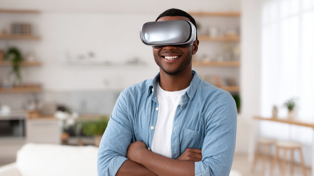 Cheerful young African American man in VR headset playing online game in virtual reality, driving imaginary car in neon light. Black millennial man using car simulator in cyberspace, collage - Powered by Adobe