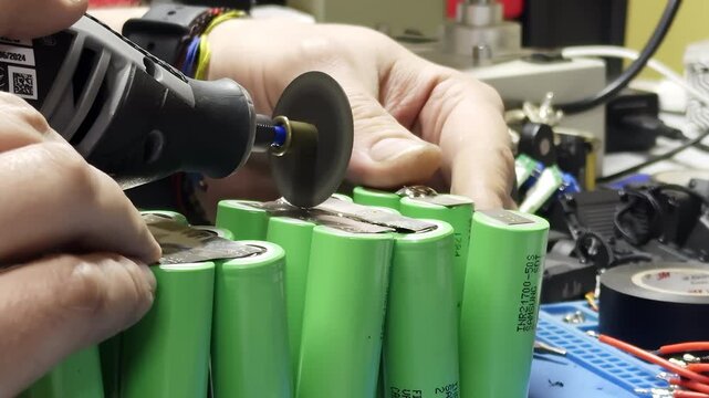 Technician saws steel plank connecting batteries in custom pack with mini tool in workshop closeup. Electrician hands separate power elements at workplace
