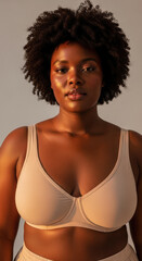 Confident Black Woman with Natural Hair and Bra, Illuminated by Golden Light, Celebrating Body Positivity and Self-Love.