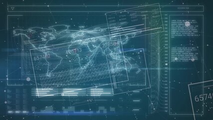 Animation of digital interface with data processing over world map against blue background - Powered by Adobe