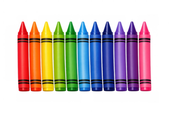 Crayons forming a rainbow spectrum line, highlighting childhood creativity and educational art supplies, on transparent background