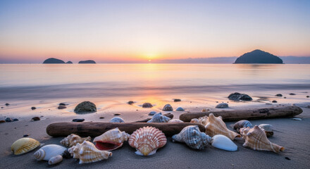 Seashells arranged on a sandy beach at sunrise, reflecting the vibrant colors of the morning sky, creating a peaceful coastal scene.