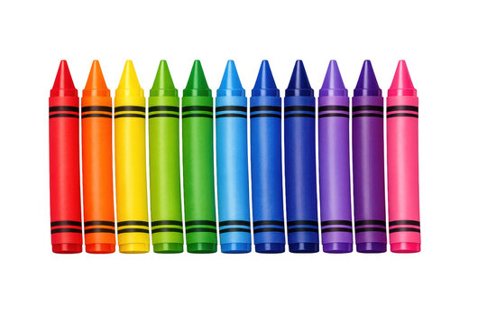Crayons forming a rainbow spectrum line, highlighting childhood creativity and educational art supplies, on transparent background