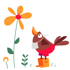 A bright bird near a large flower