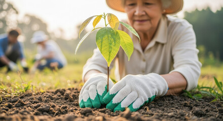 Senior woman carefully planting a young sapling in soil, symbolizing growth and nurturing, with family in the background.