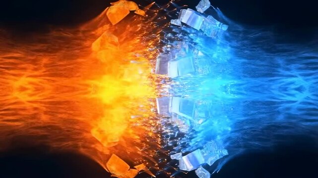 Dynamic collision of fire and water with explosive energy burst and vibrant colors