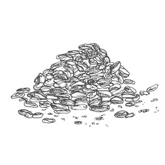 Oat flakes heap vector drawing. Oatmeal breakfast food sketch. Hand drawn illustration of the pile of cereal