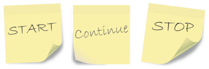 Start, Continue, Stop. Sticky notes to be used by agile development teams for retrospective evaluation. Scrum board usage for software development.