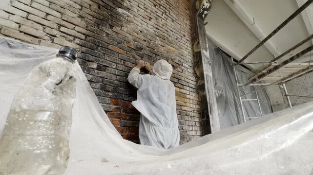 Employee in protective wear rubs dirty brick wall masonry with brush in building low angle shot. Worker removes mildew and fungus from surface in house