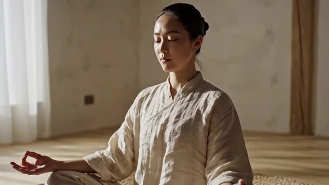 Woman practicing yoga in a serene and peaceful environment.
