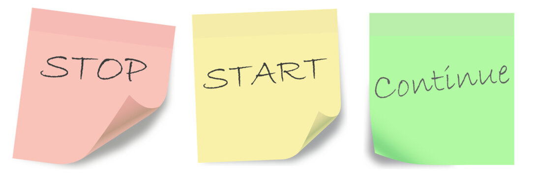 Start, Continue, Stop. Colorful sticky notes to be used by agile development teams for retrospective evaluation. Scrum board usage for software development.