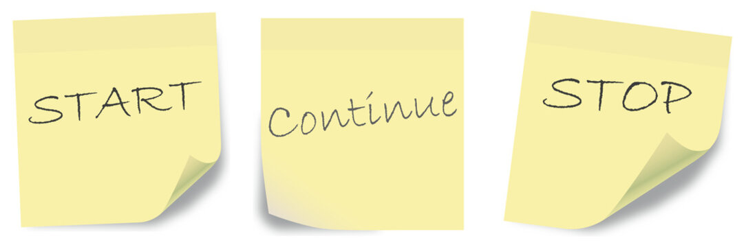 Start, Continue, Stop. Sticky notes to be used by agile development teams for retrospective evaluation. Scrum board usage for software development.