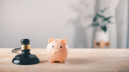 Legal finance services for money bank salary assessment and capital include risk plus tax using pink pig shaped piggy bank and judge gavel for law compliance and court justice