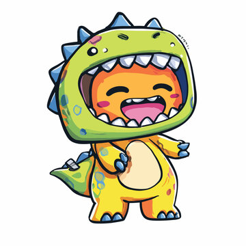 A cheerful chibi monster in a cute dinosaur cosplay sticker, with a big smile and colorful design, set against a clean white background with a playful and humorous mood.