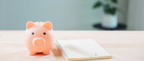 bank, learning, education, piggy, saving, college, career, growth plan using pink bank on desk with notebook shows financial planning for student tuition and professional success