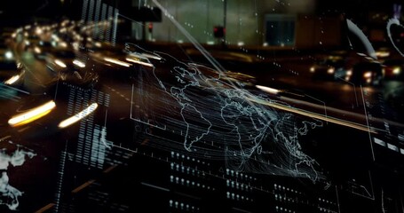 Animation of interface with data processing against city traffic at night - Powered by Adobe