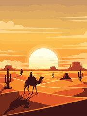 Desert landscape with sand dunes at sunrise or sunset.