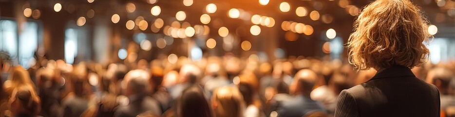 Woman facing audience in event hall