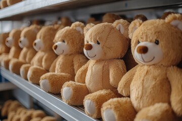 selective focus workers operating stuffing machines for teddy bear assembly