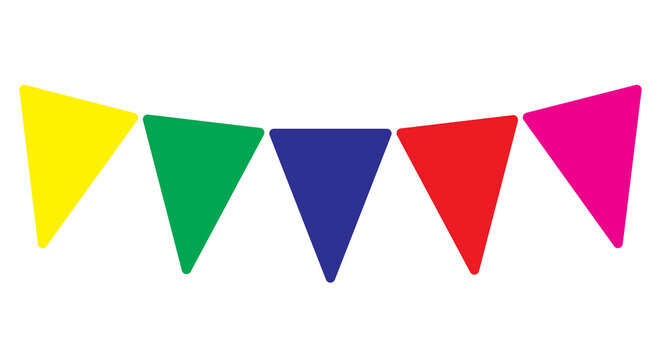 Colorful triangular flags banner isolated on white background, festive decoration element for celebration, party, festival, carnival, event design, flat illustration graphic for decoration and UI usag