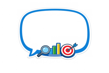 Speech bubble frame providing a clear area for text with icons for business analysis, bar chart, and target with an arrow