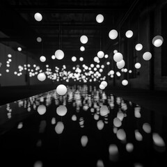 Minimal black and white art installation with floating glowing spheres and reflections.