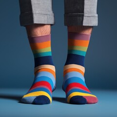 Close-up of legs wearing colorful striped socks on clean blue background.