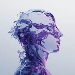 Abstract liquid glass human head with purple fluid splashes on soft background.