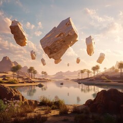 Surreal desert oasis with floating crystal islands above calm water at sunrise.