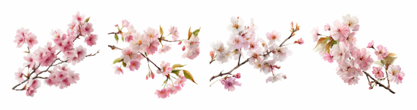 Watercolor sakura branch set with delicate pink cherry blossoms and petals. Spring floral collection featuring Japanese botanical elements on white background for creative design projects.