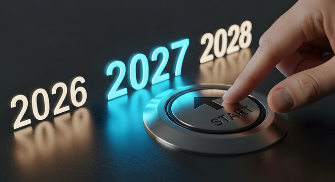 Hand Pressing Start Button for Year 2027 Future Planning Concept