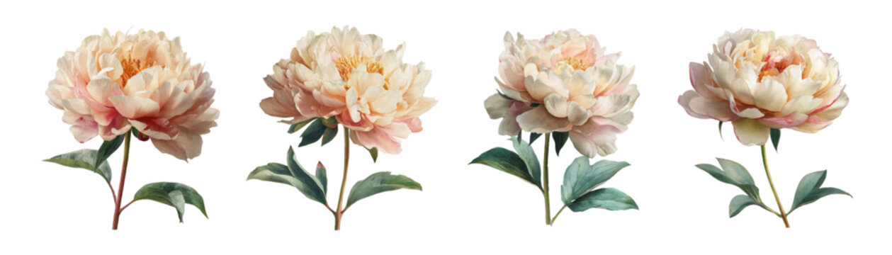 Watercolor floral set with pink peonies and botanical elements. Realistic spring flowers in delicate blooms. Isolated garden bouquet illustration for wedding design. Vector illustration.