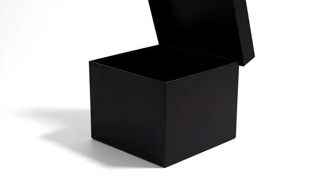 Isolated close up shot of a square black gift box with its hinged lid partially opened revealing the dark interior against a clean white background for presentation or packaging concepts