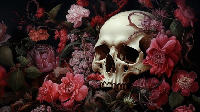 A haunting video concept with a skull surrounded by vibrant flowers. Captured from a low angle, blending gothic and romantic styles. Live desktop wallpaper.