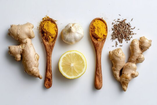 Fresh ginger root, turmeric powder, garlic, lemon slice, and cumin seeds arranged on a white background with wooden spoons for culinary and health-related uses