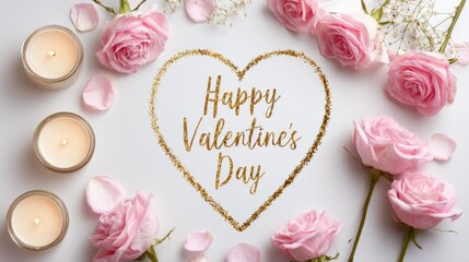 happy valentines day text with golden heart and pink roses