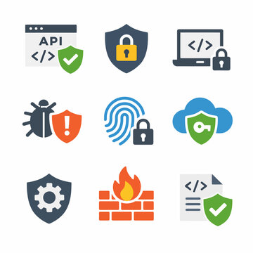Cybersecurity icons: firewall, api protection, lock, fingerprint, cloud security