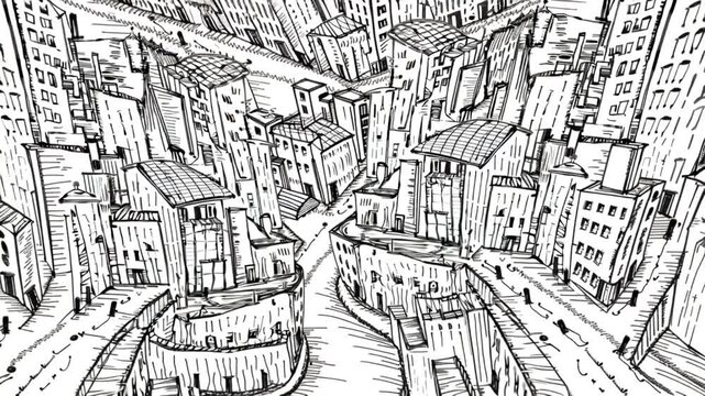 Cinematic 4K video, hand-drawn chaotic cityscape, morphing streets and buildings, animated scribble lines, doodle sketches, pen, pencil, crayon textures, abstract ink art, constantly evolving urban