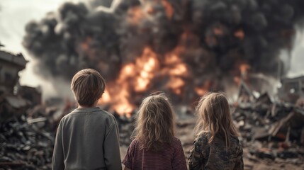 three children looking at massive explosion in ruined landscape