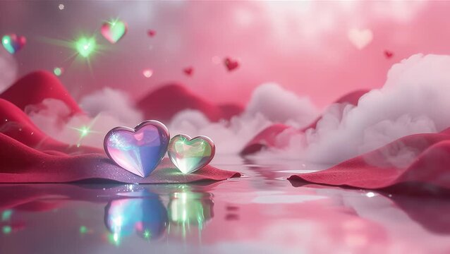 Shimmering Crystal Hearts on Soft Red Fabric with Dreamy Background