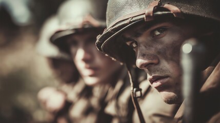 young soldiers in helmets during world war military conflict