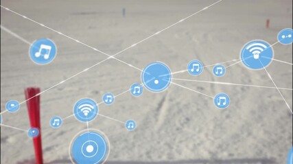 Animation of network of profile icons against snow landscape - Powered by Adobe