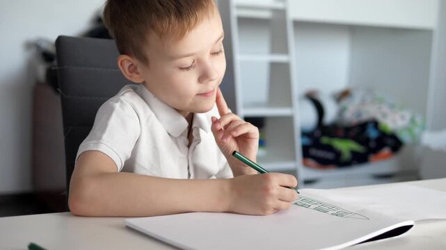 Young school-age boy does his homework and does his homework.