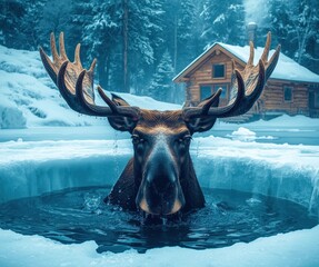 A moose is in a pond with its head sticking out of the water