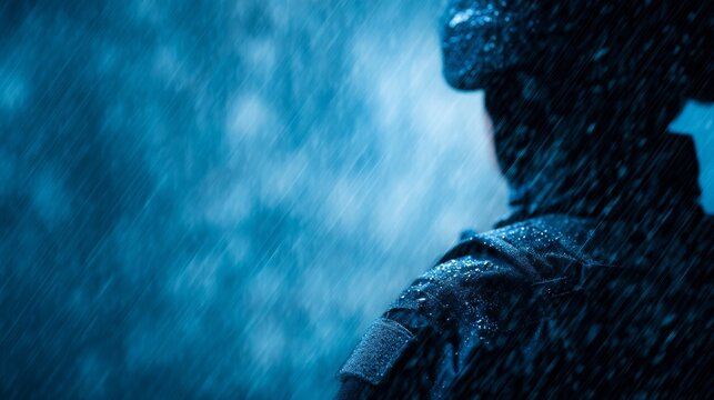 swat team, covert mission, Tactical Night Patrol Unit in the Rain, Capturing the Essence of Man-Centric Operations Against Chaotic Backgrounds for Stock Photography Needs