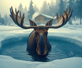 A moose is in a pond with its head sticking out of the water