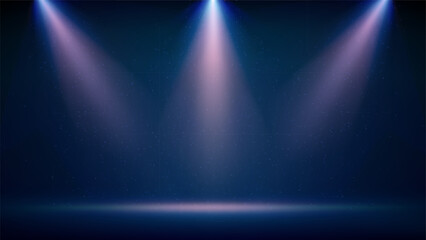 Spotlight backdrop. Illuminated blue stage. Background for displaying products. Bright purple rays spotlights, shimmering glittering particles, a spot of light. Vector illustration